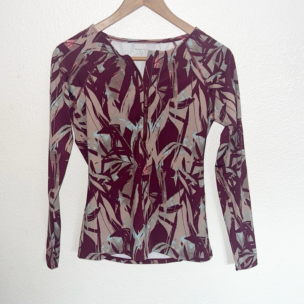 Garnet Hill Maroon Tropical Floral Long Sleeve Rash Guard Quarter Zip Top
